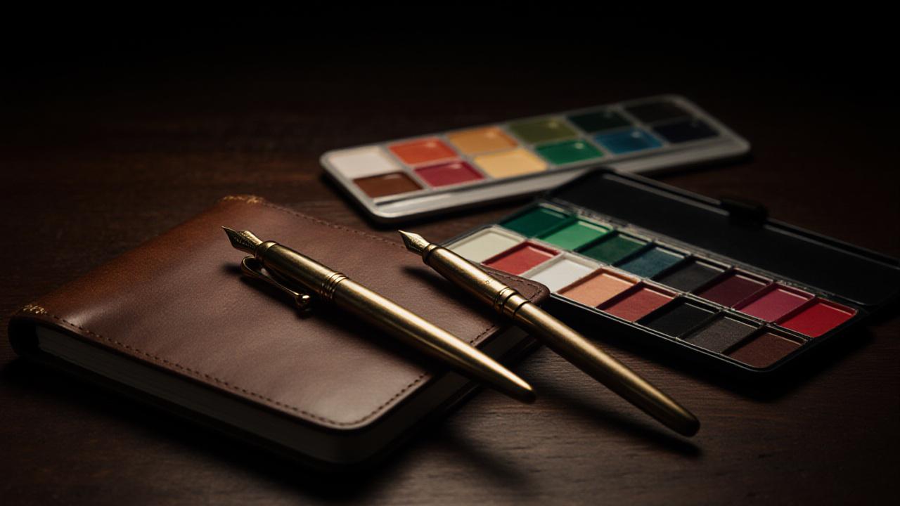 Artistically arranged high-end creative supplies on a dark wooden surface