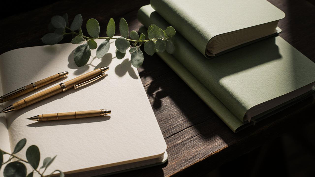 Artistic arrangement of recycled paper sketchbooks and bamboo pens on a natural wood surface with fresh greenery