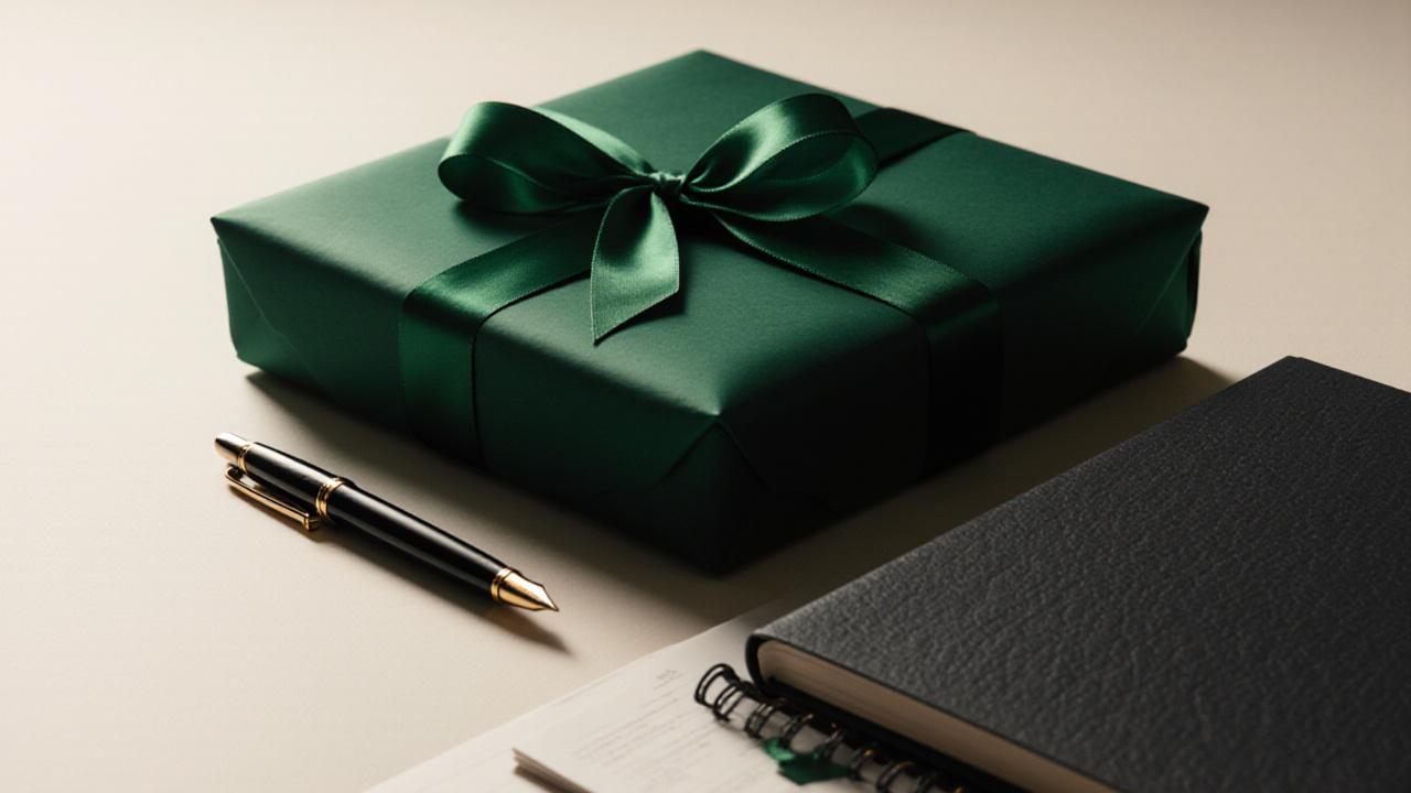 Artistically wrapped gift boxes with premium stationery accents