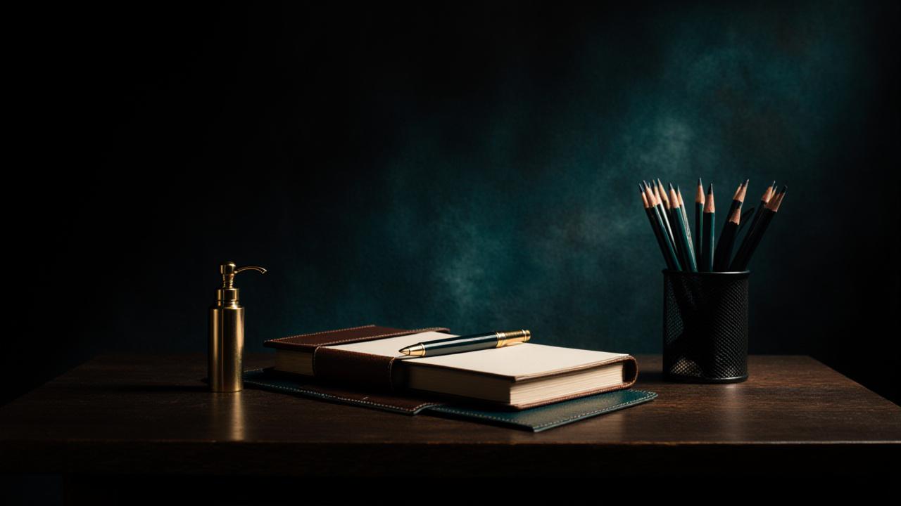 Artistically arranged premium stationery and art supplies on a dark wooden desk
