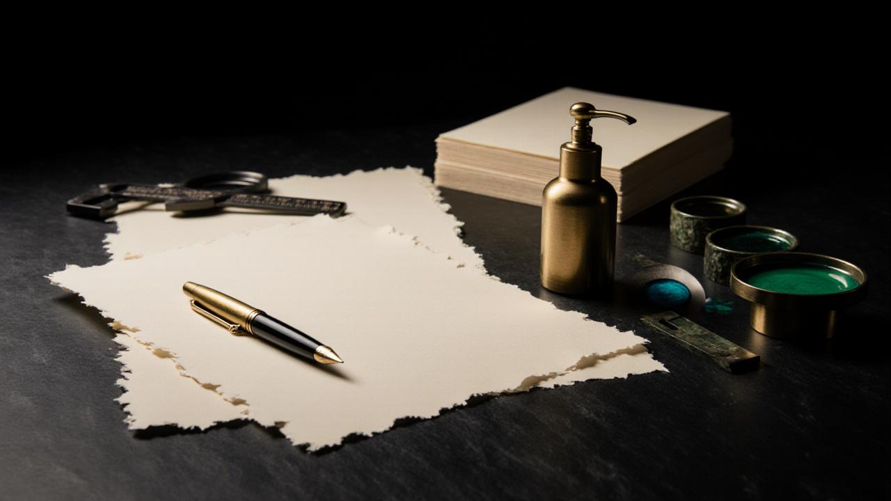 Close-up of a premium art kit containing high-end fountain pens, textured paper, and architectural drawing tools