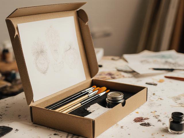 Boxed art kit with various brushes and inks
