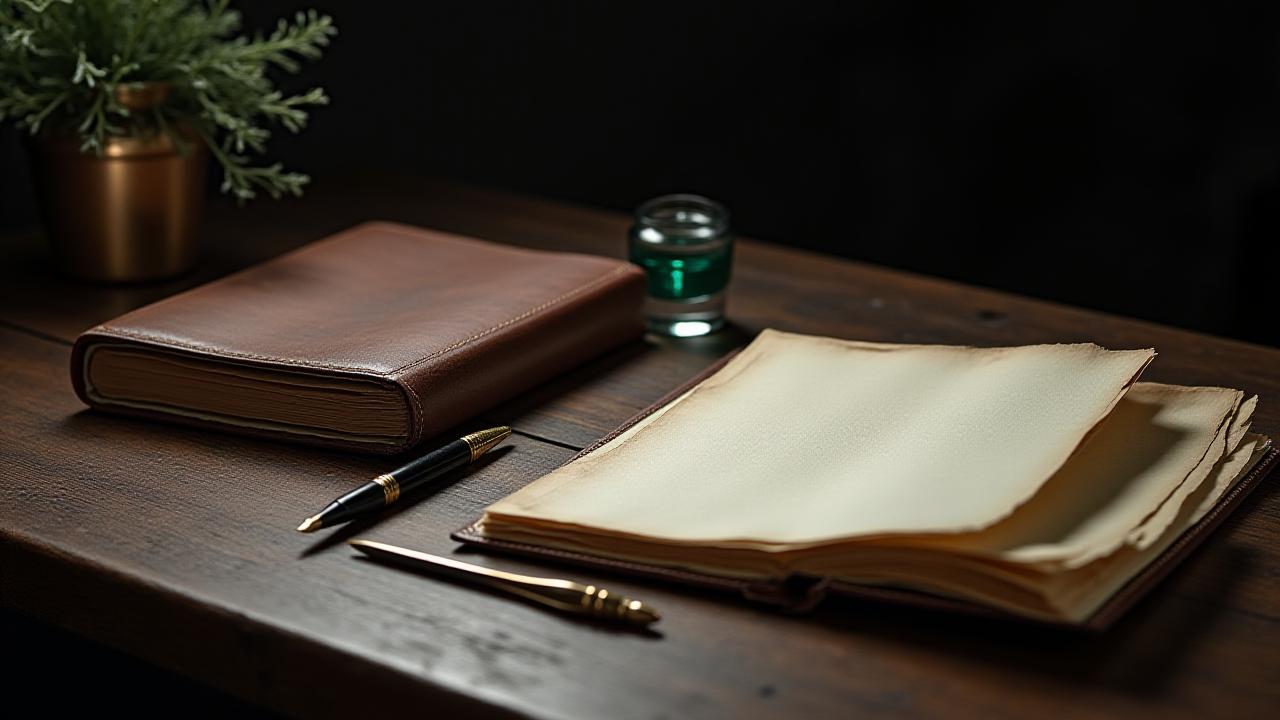 Artistically arranged stationery and vintage calligraphy tools on a dark oak desk