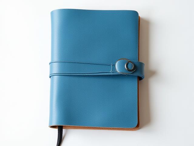 Hand-bound leather journal in deep cyan