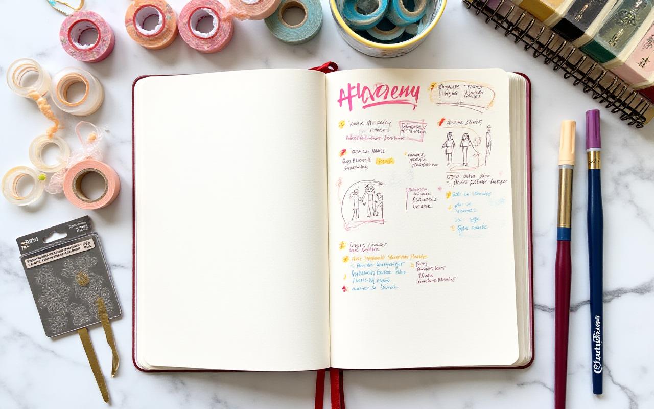 Creative flatlay of bullet journal supplies